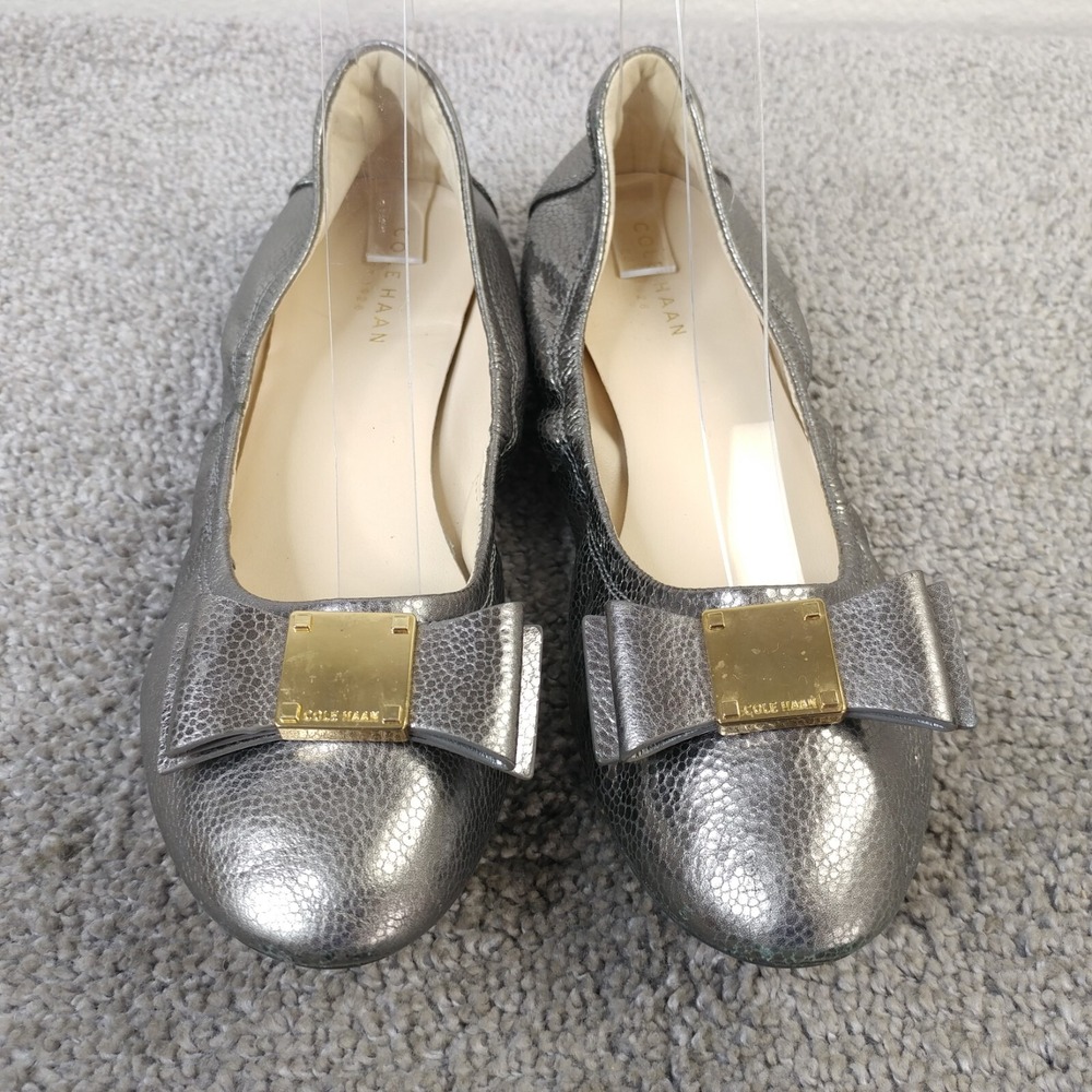 Cole Haan Tali Bow Ballet Flats Womens 6.5 Metallic Gray Leather Slip On Shoes